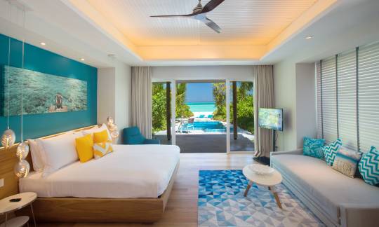 Bedroom view of Beach pool villa with jacuzzi at Kandima